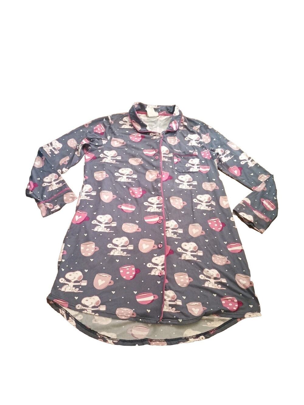 Munki Munki SNOOPY Coffee Tea Doughnuts Polka Dots Hearts Nightshirt Blue Sz M